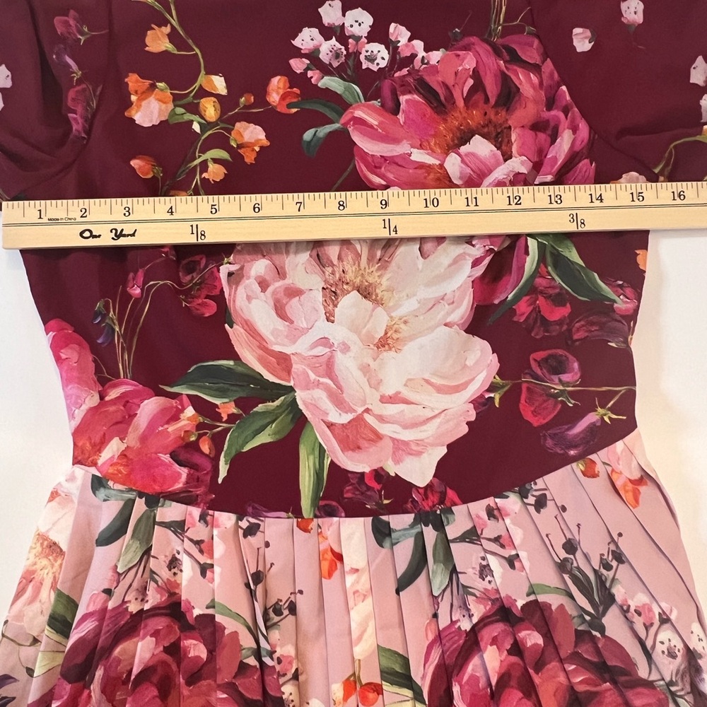 TED BAKER London Burgundy Floral Pleated Midi Dress Open Back|Long Sleeve|Size 0 - Picture 9 of 14